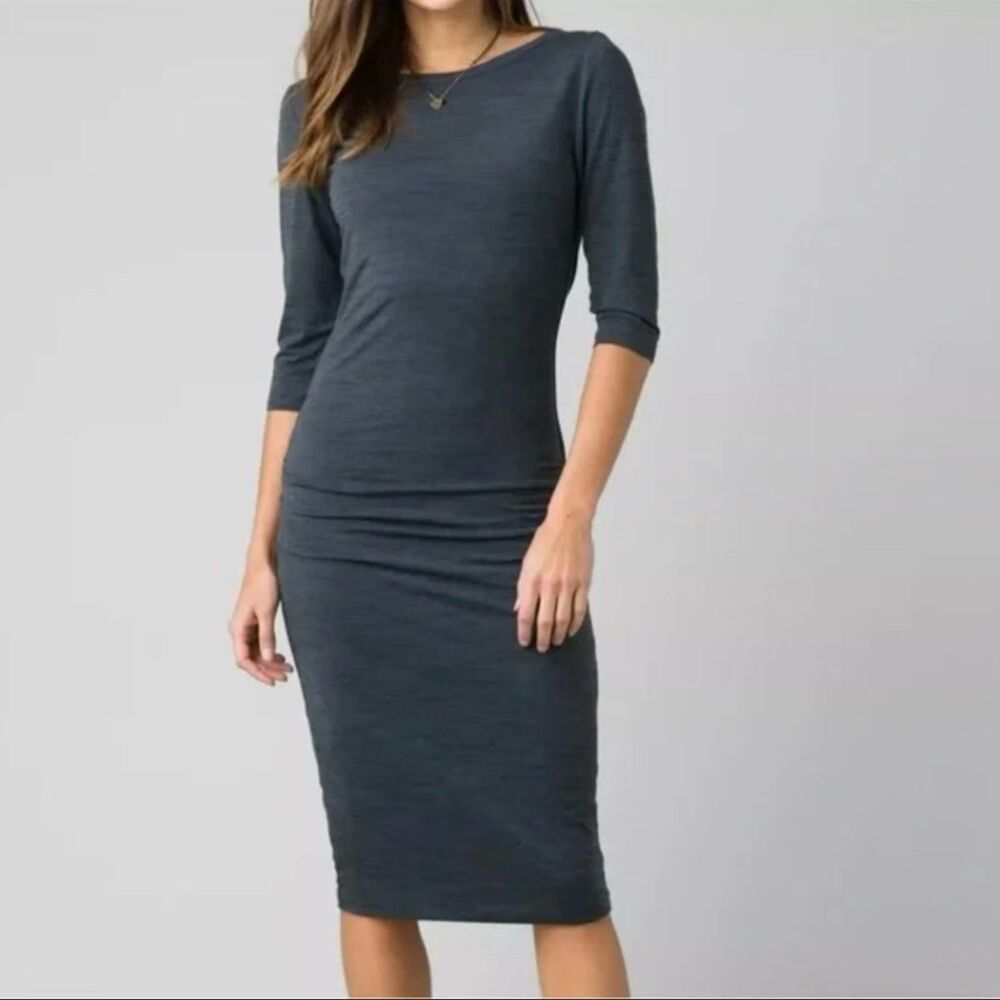NWT Prana Nanette Dress in Chalkboard Heather Grey Sz Small Ruched Sides Stretch
